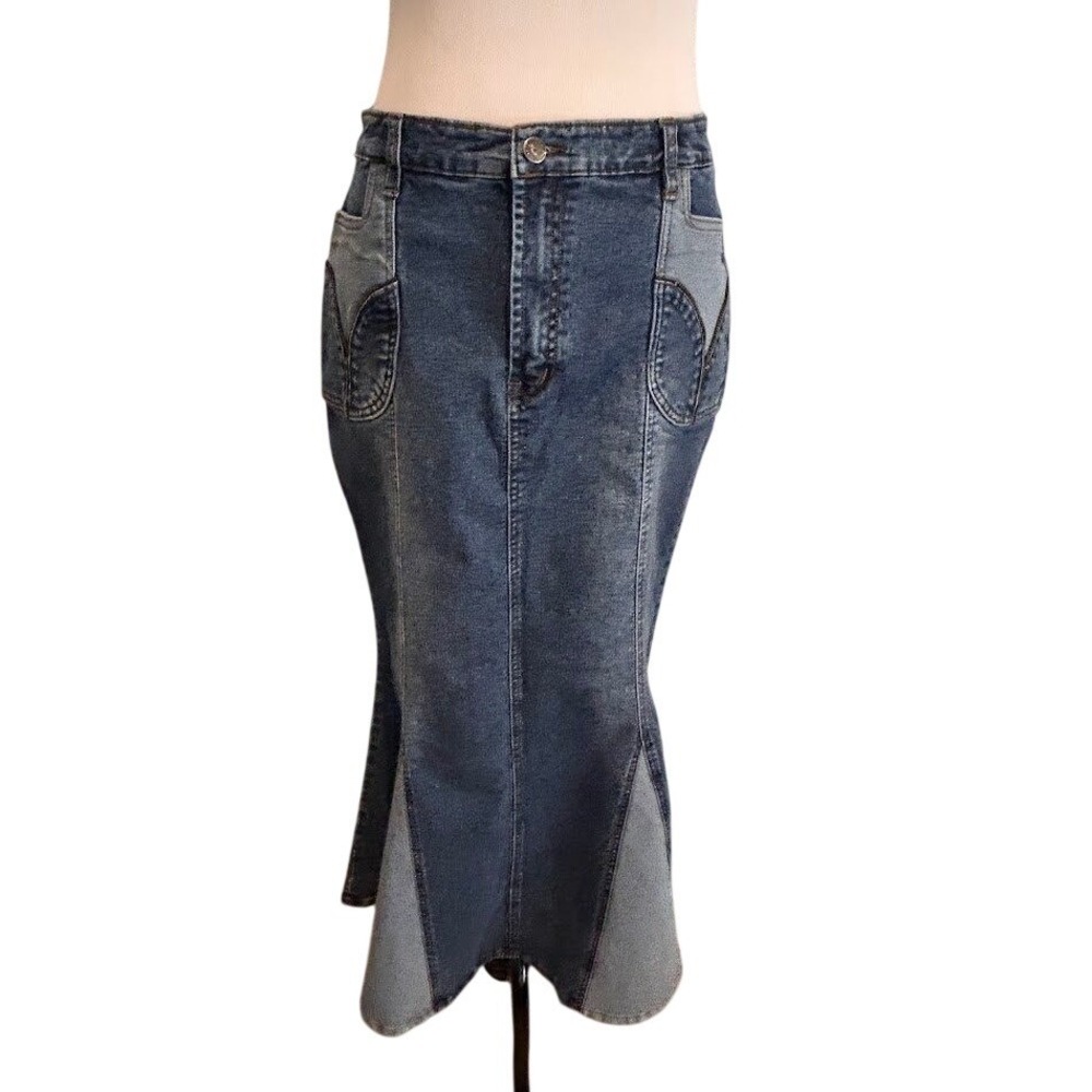 Blue Two Tone Denim Maxi Skirt High Waisted Colorblock Godet Hem Size‎ 12